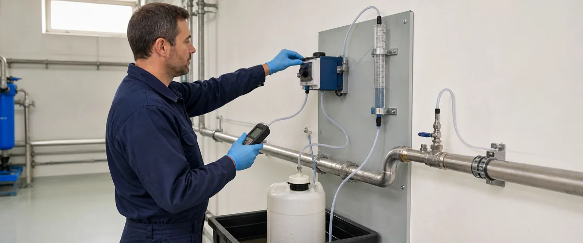 Tecnico che calibra un sistema di dosaggio anti-Legionella