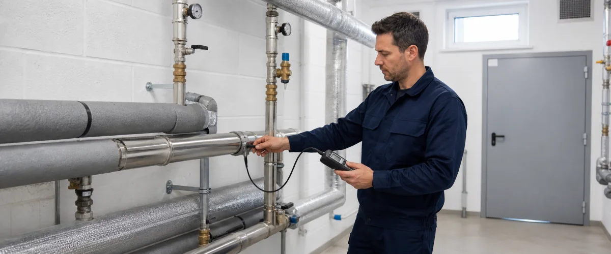 Tecnico che controlla la temperatura del ricircolo dell’acqua calda